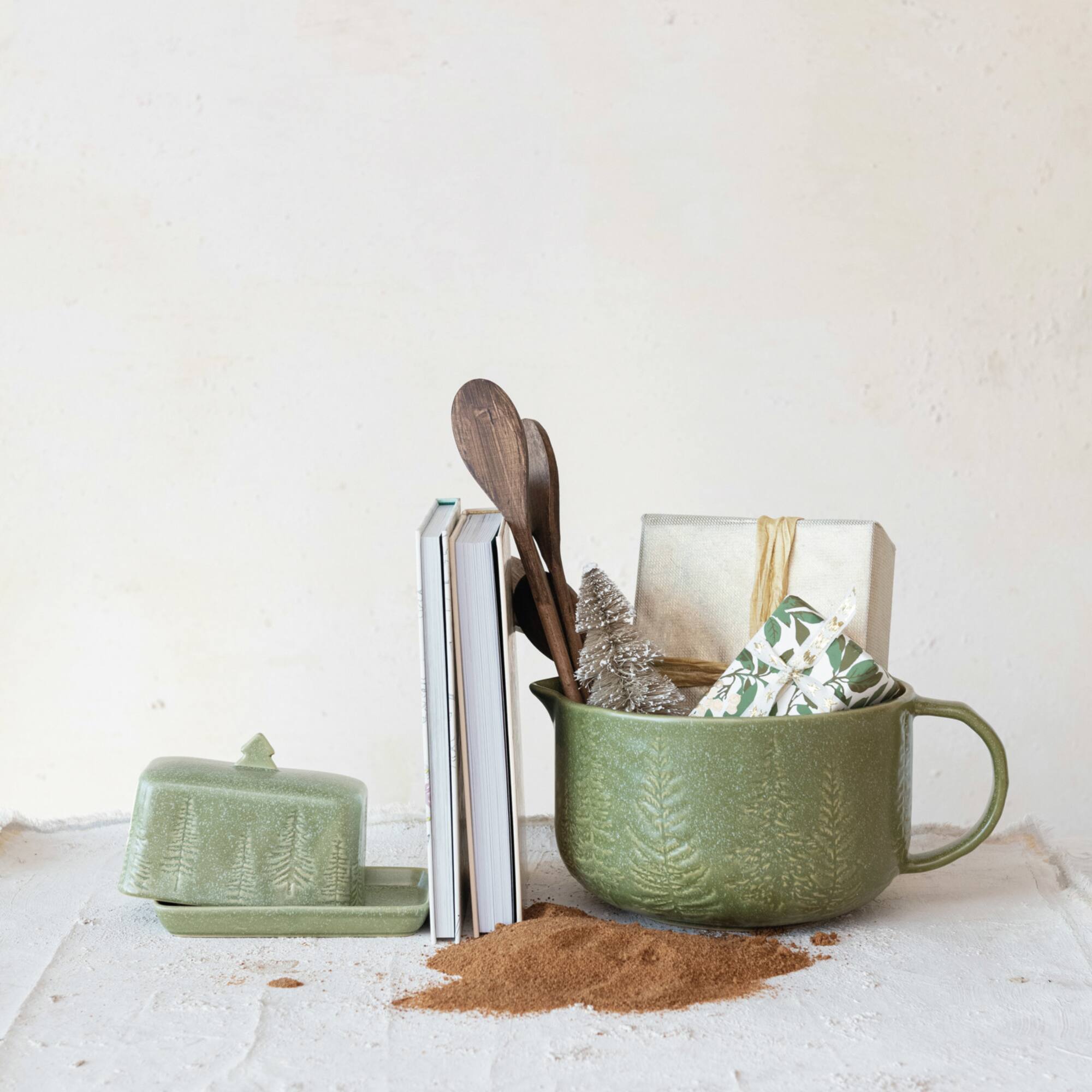 Hello Honey® 6.75" Green Tree Debossed Stoneware Butter Dish with Reactive Glaze Finish